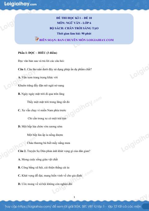 Đề thi học kì 1 Văn 6 Chân trời sáng tạo - Đề số 10